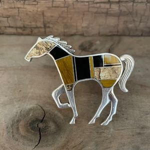 Zuni Inlay Horse Pin Brooch Tiger Eye, Onyx, Jasper, Sterling Silver